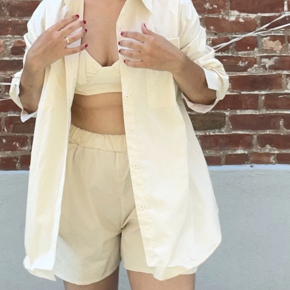 NEW 3pcs set beige womens shirt top shorts button down M;L casual - Picture 4 of 16